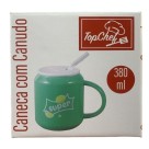 CANECA DE PORCELANA C/ CANUDO DE VIDRO 380ML UN.