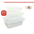 Kit 3 Potes De Plástico Retangular C/ Tampa Retangular - 260ml / M - 520ml / G - 1300ml