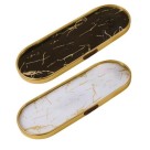 Bandeja Decorativa Oval Mármore em Vidro e Alumínio 30cm Decoracao Sofisticada