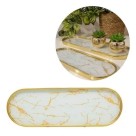 Bandeja Decorativa Oval Mármore em Vidro e Alumínio 30cm Decoracao Sofisticada