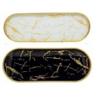 Bandeja Decorativa Oval Mármore em Vidro e Alumínio 30cm Decoracao Sofisticada