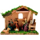 Presépio Resina e Madeira 20x8x15cm Decorativo Natalino Artesanal com Base Rústica para Mesas Estantes Aparadores e Vitrines