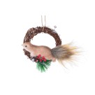 Guirlanda mini de porta 16x4,3x10,5cm esquilo natalina decorativa em MDF com pinhas e cordão para porta, parede e arranjos de Natal