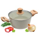 Caçarola Indução Antiaderente 24cm Bege com Tampa de Vidro | Fundo Triplo Magnético, Cabo Soft Touch e Revestimento Saudável